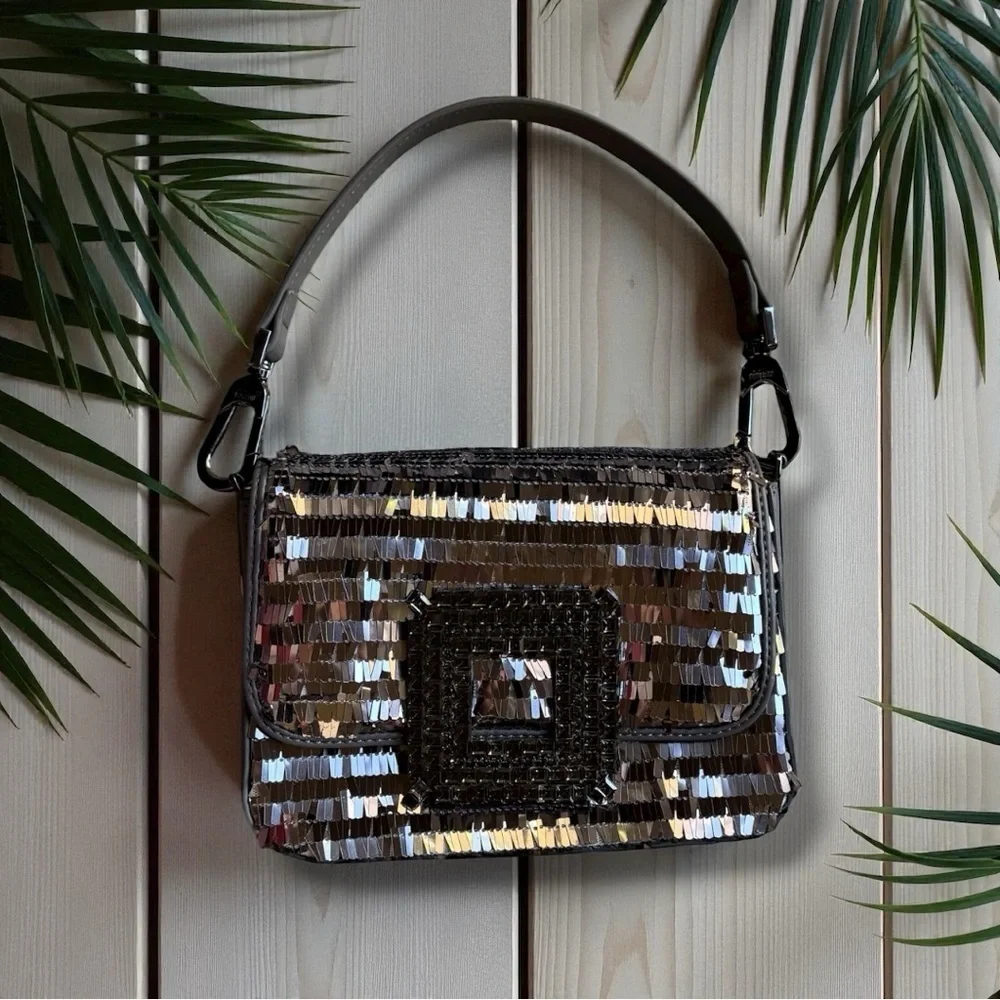 BIBI LOU Anthropologie Silver & Black Sequin Shoulder Bag